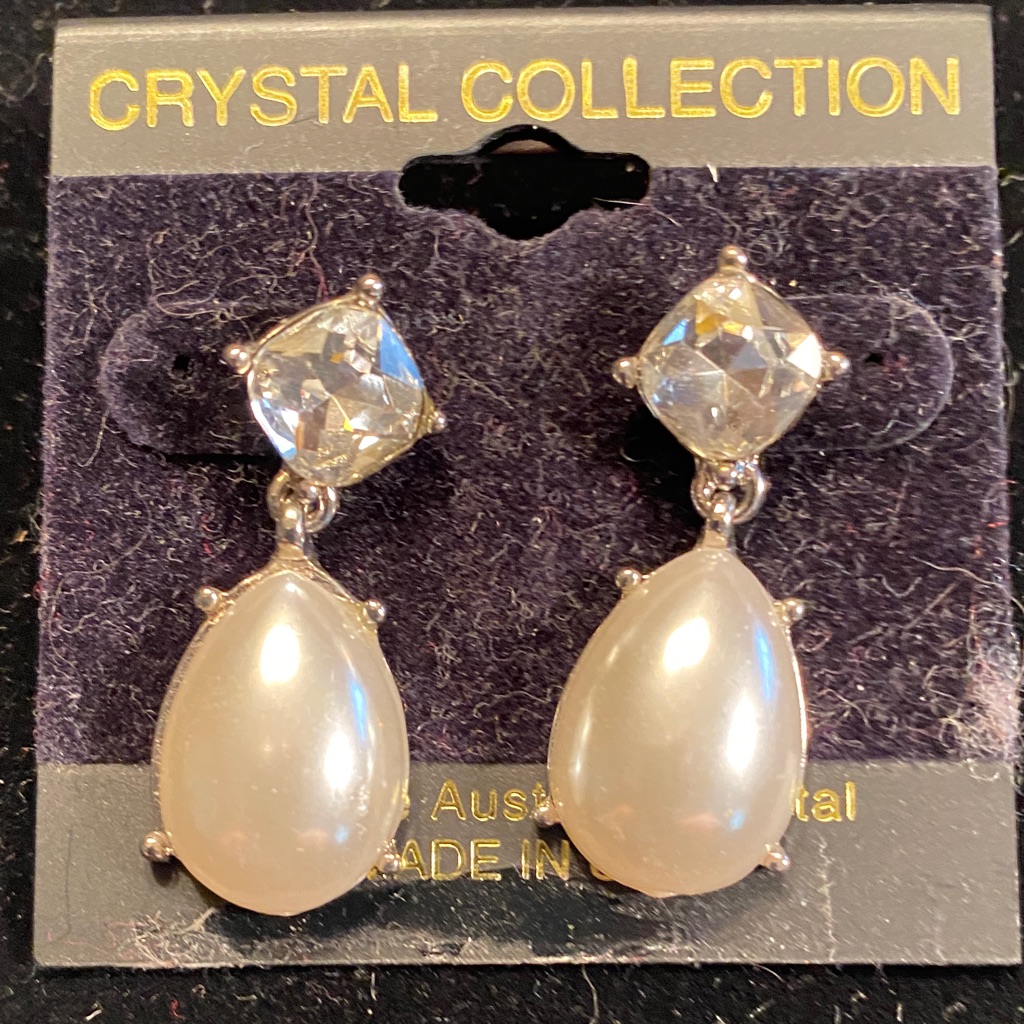 Crystal And White Pearl Teardrop Dangle Earrings